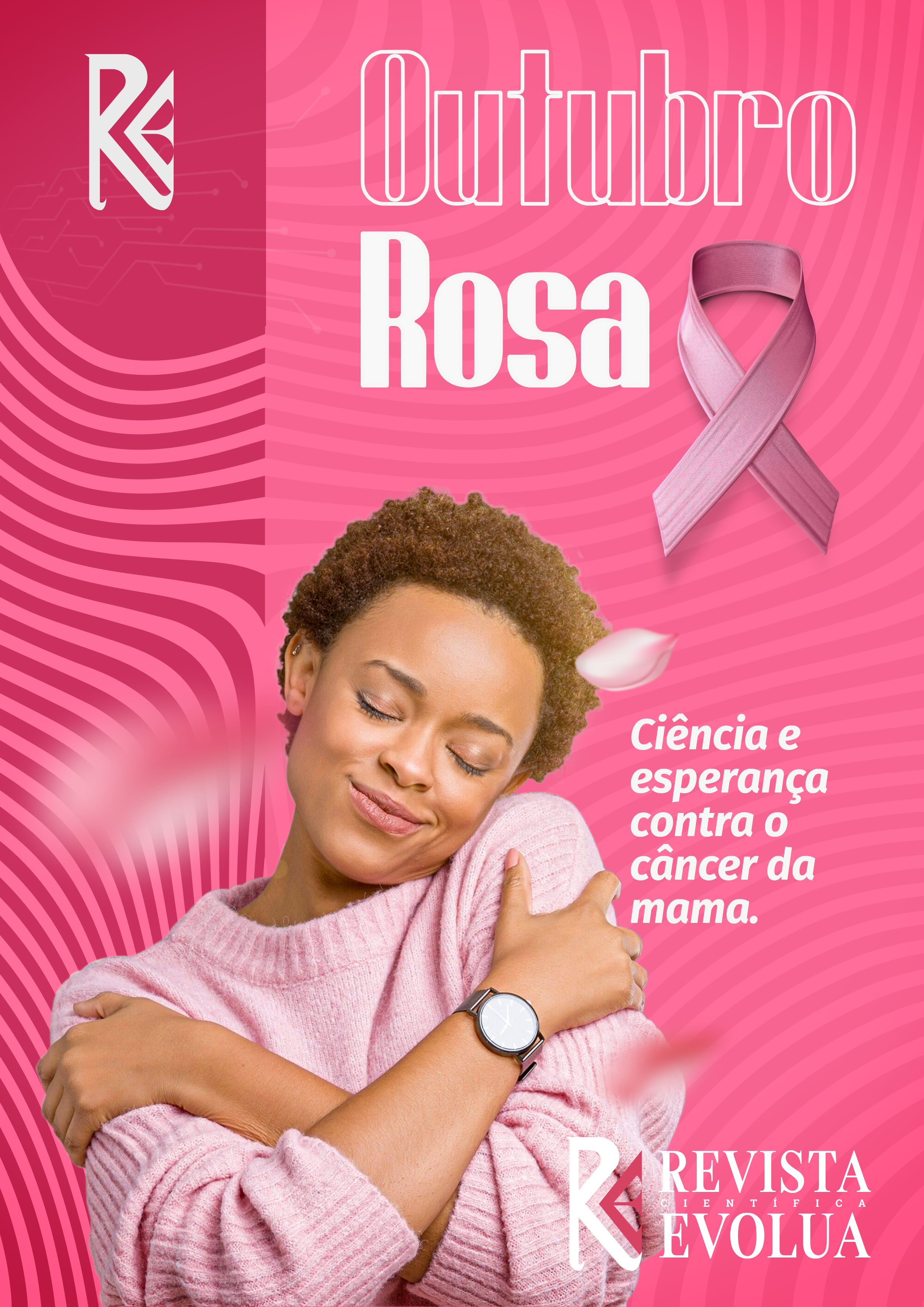 Imagem de uma mulher com uma fita rosa na cabeça ou no peito, segurando uma mão no peito, com a frase "Outubro Rosa: Ciência e Esperança  Contra o Câncer de Mama"